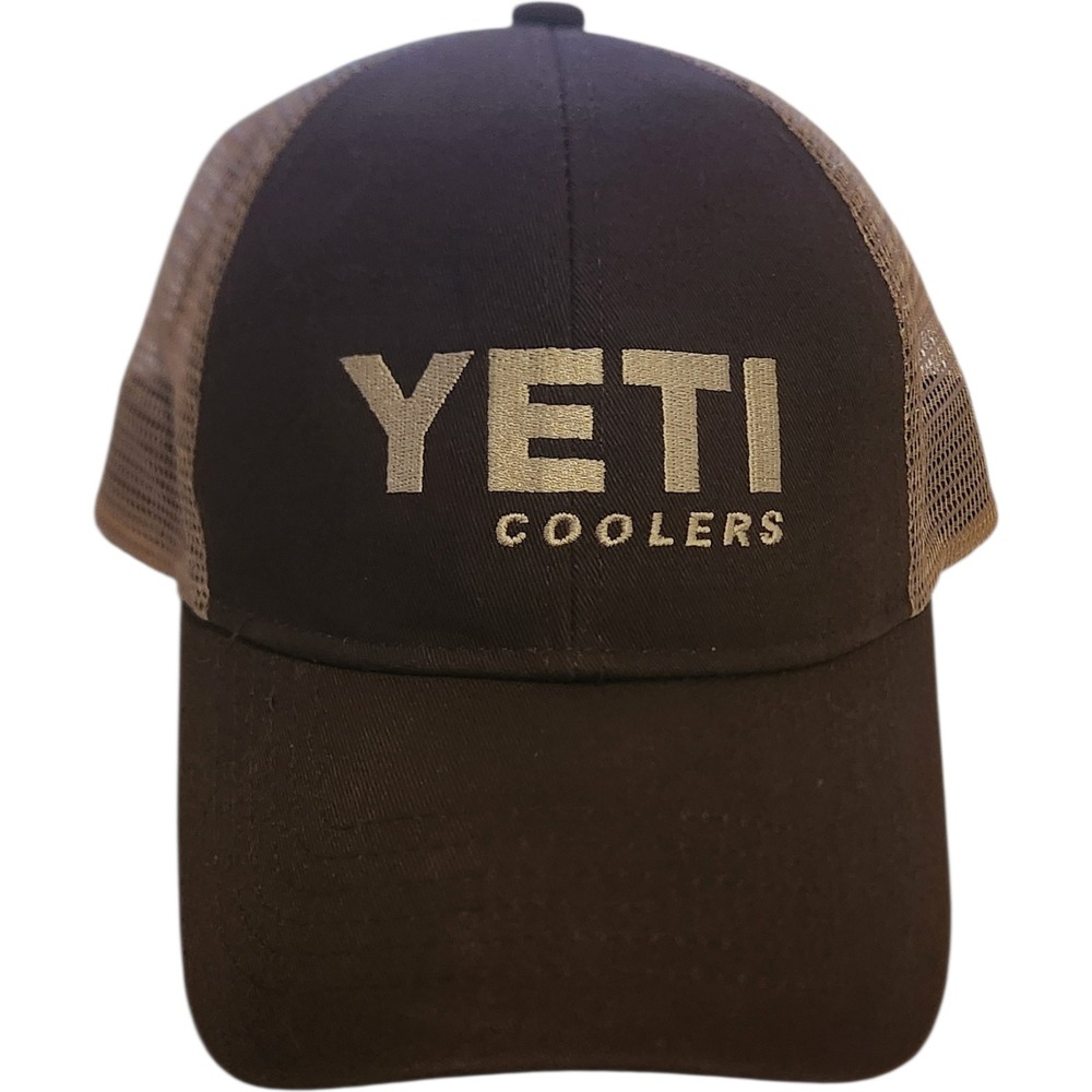 YETI Coolers Trucker Hat‎ Brown Tan Mesh Snapback Cap Embroidered Logo